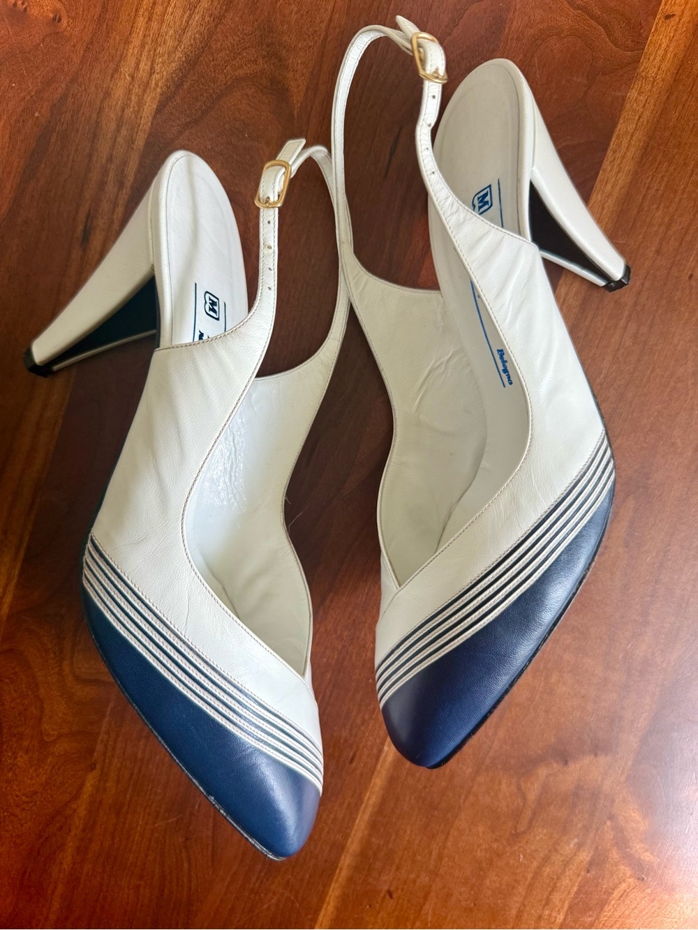 Bruno Magli White & Navy Pinstripe Slingback Pumps